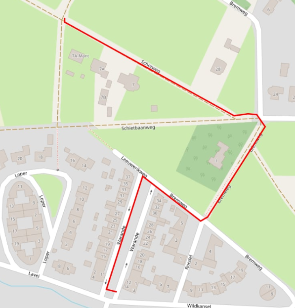 Kaart graafwerkzaamheden Warande, Bremweg en de Schotweg